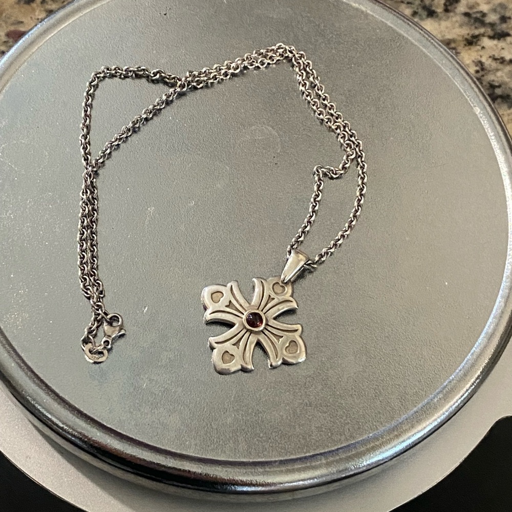 James Avery Sterling Silver Cross Pendant Necklace with Garnet Center
